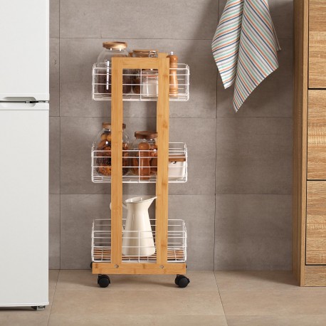 ESTANTE RETANGULAR BAMBU 3 CESTAS BRANCAS