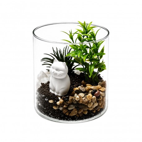 VASO DE VIDRO COM PLANTA E GATO