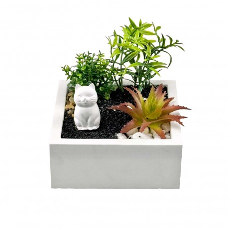 VASO DE CIMENTO COM PLANTA E GATO