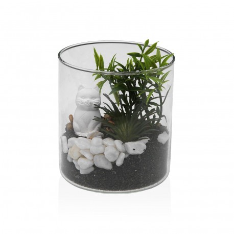 VASO DE VIDRO COM PLANTA E GATO